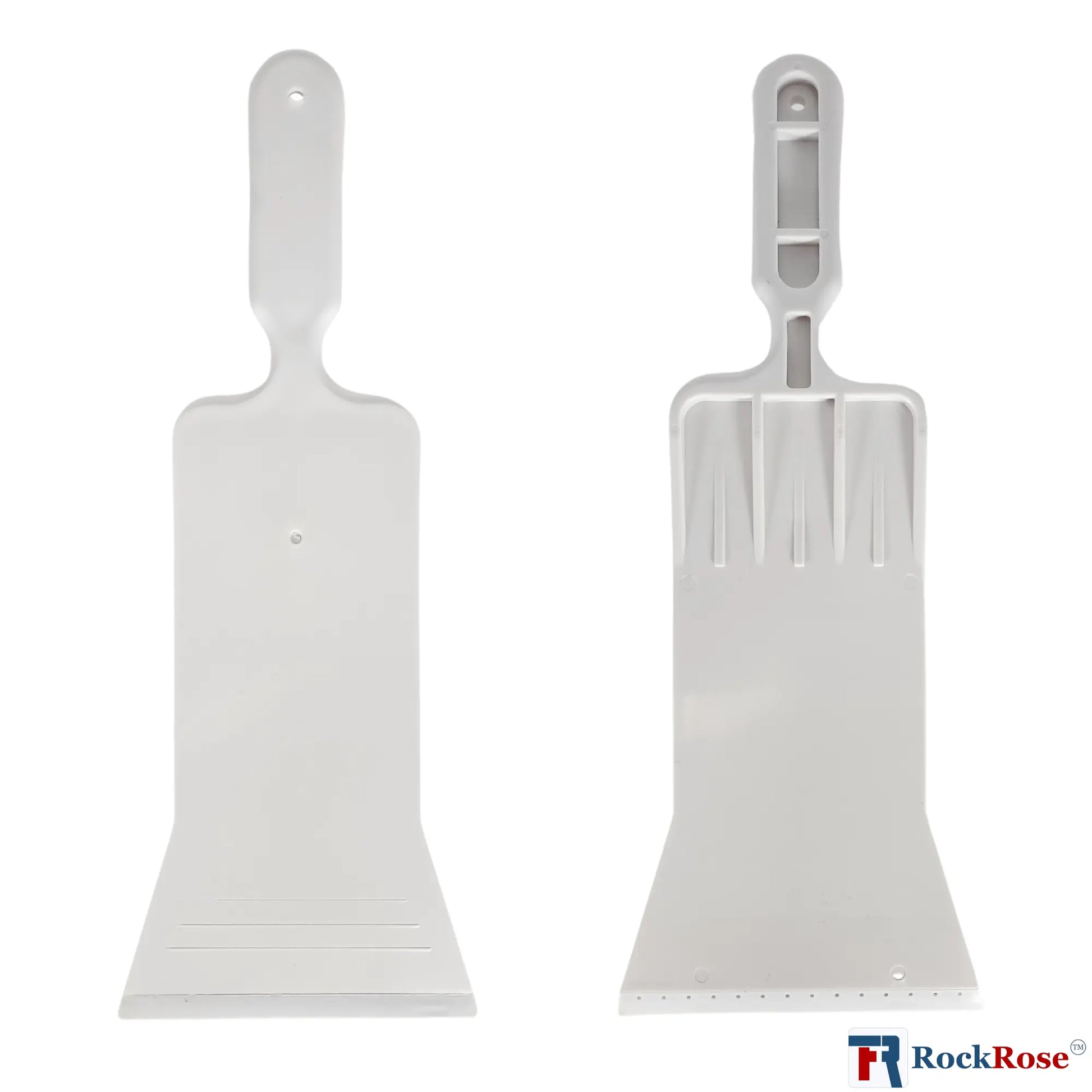 Two white plastic squeegee tools with handles on a white background, featuring the RockRose logo.