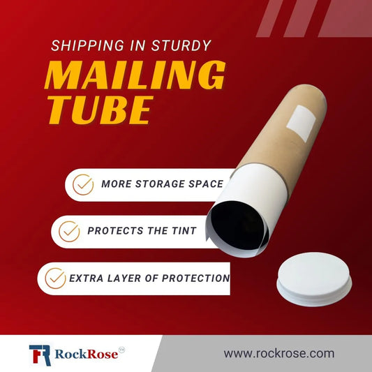 Mailing tube with storage benefits on a red background, featuring RockRose branding.