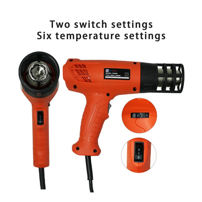 Orange heat gun with black nozzle and temperature control settings on a white background
