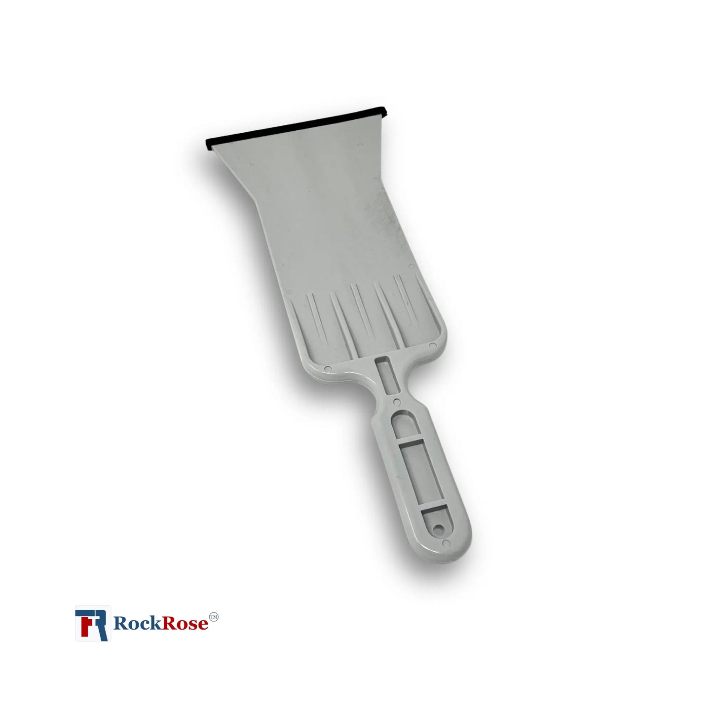 Gray windshield squeegee with a handle on a white background, featuring the RockRose logo.