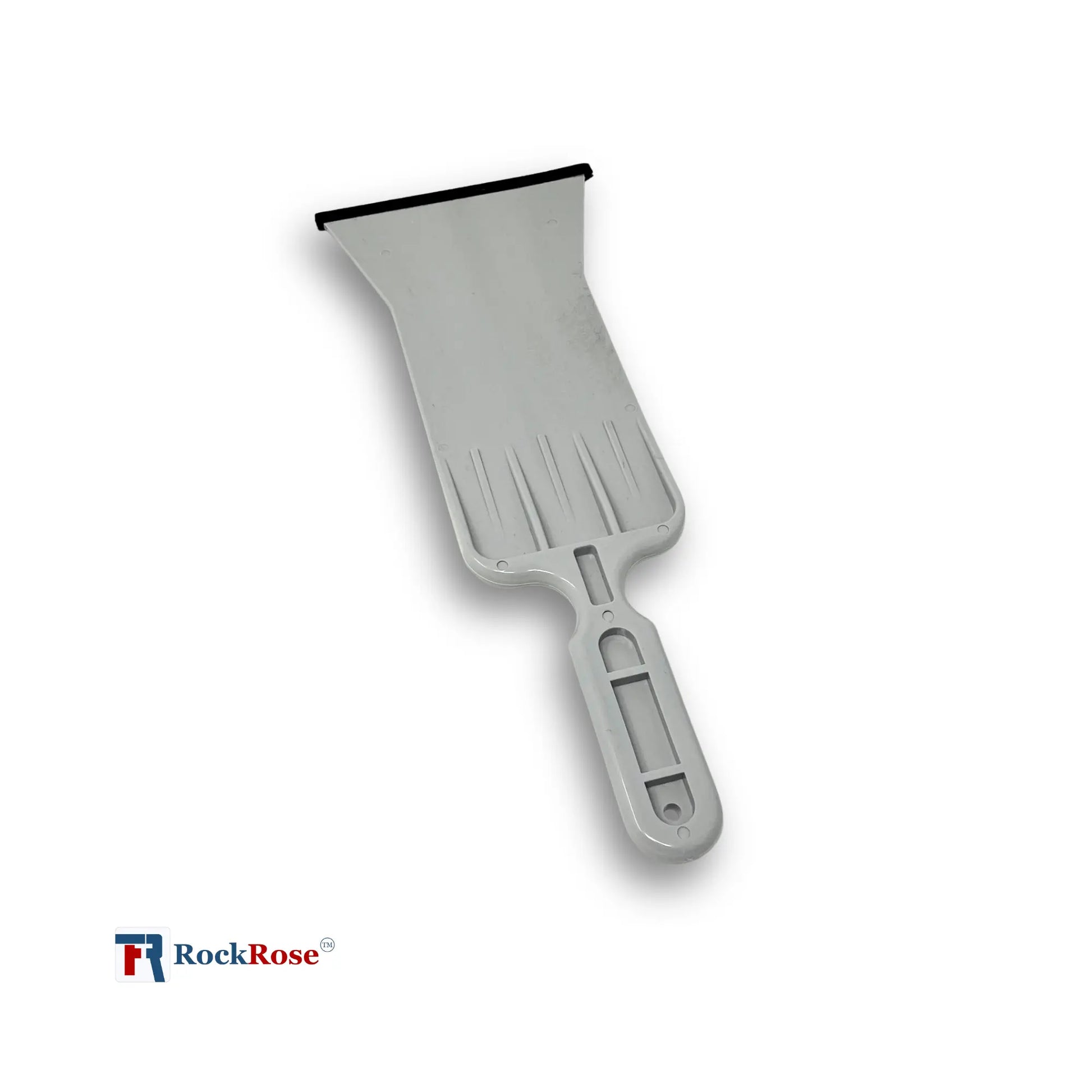 Gray windshield squeegee with a handle on a white background, featuring the RockRose logo.