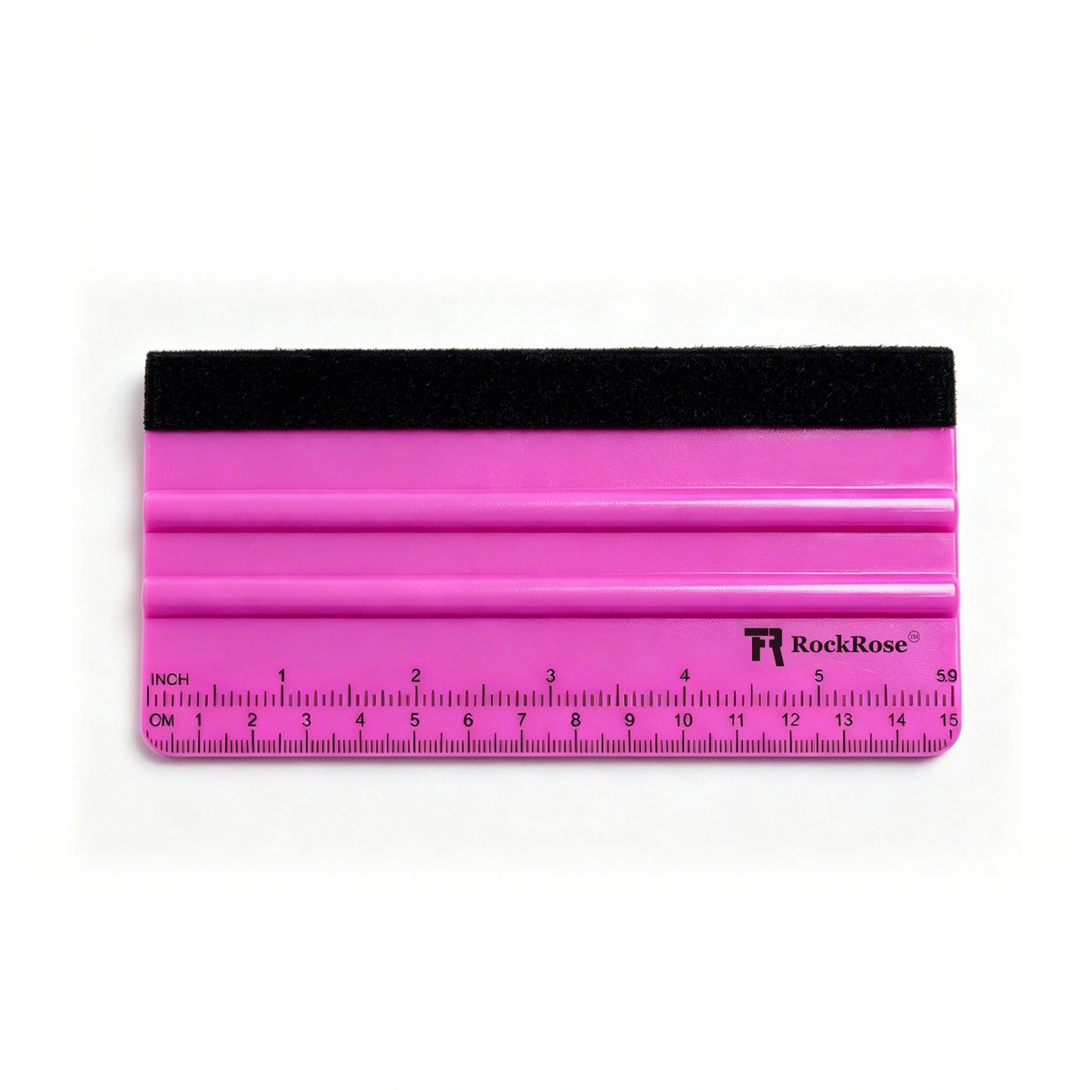 A RockRose plastic squeegee with a bright pink body, a black rubber edge, and a clear ruler printed along the bottom, shown on a white background.