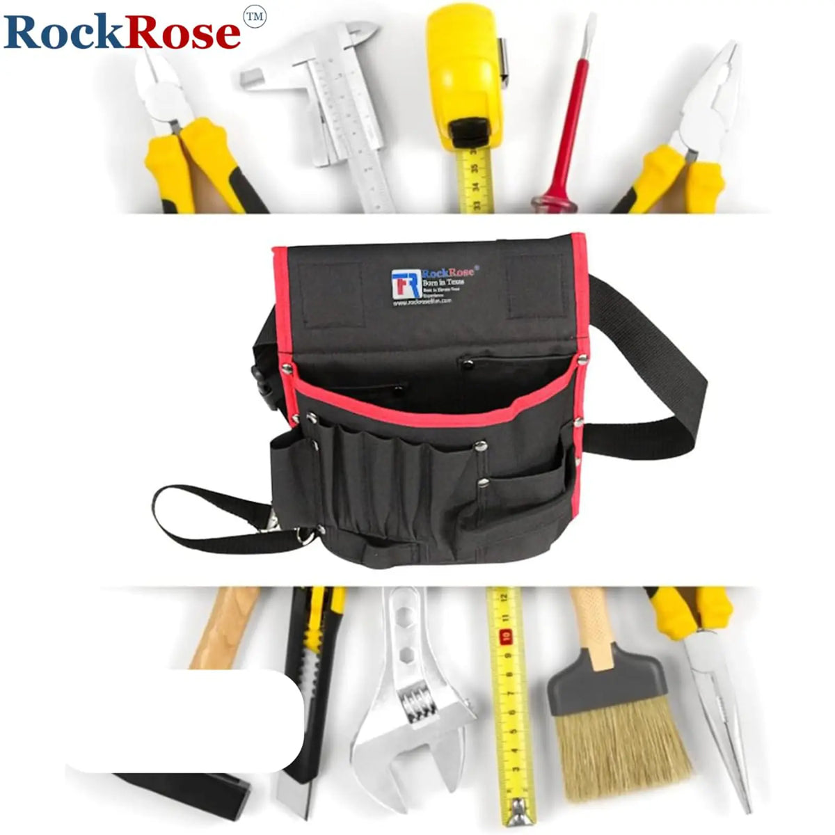 RockRose tool belt shown open with various hand tools arranged around it on a white background. The belt is black with bright red trim and multiple utility pockets.