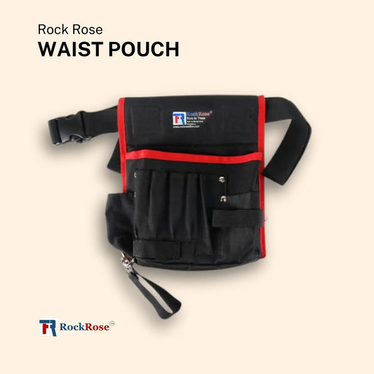 A Rock Rose waist pouch in black with red trim, featuring multiple front pockets, a zipper closure, and an adjustable strap, shown on a light beige background with text reading 'Rock Rose WAIST POUCH' and a Rock Rose logo at the bottom.