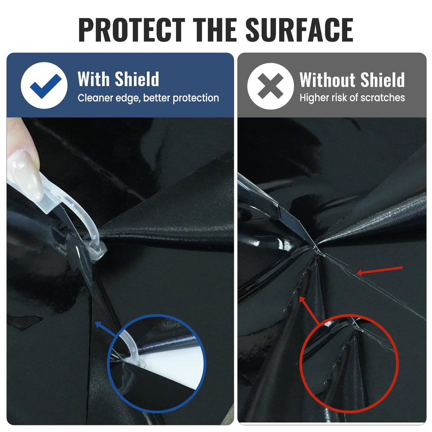 A comparison graphic titled 'PROTECT THE SURFACE' showing two side-by-side panels demonstrating the effect of a protective sleeve. The left panel, labeled 'With Shield,' shows a hand peeling back a clear protective sleeve from a black surface, with text stating 'Cleaner edge, better protection.