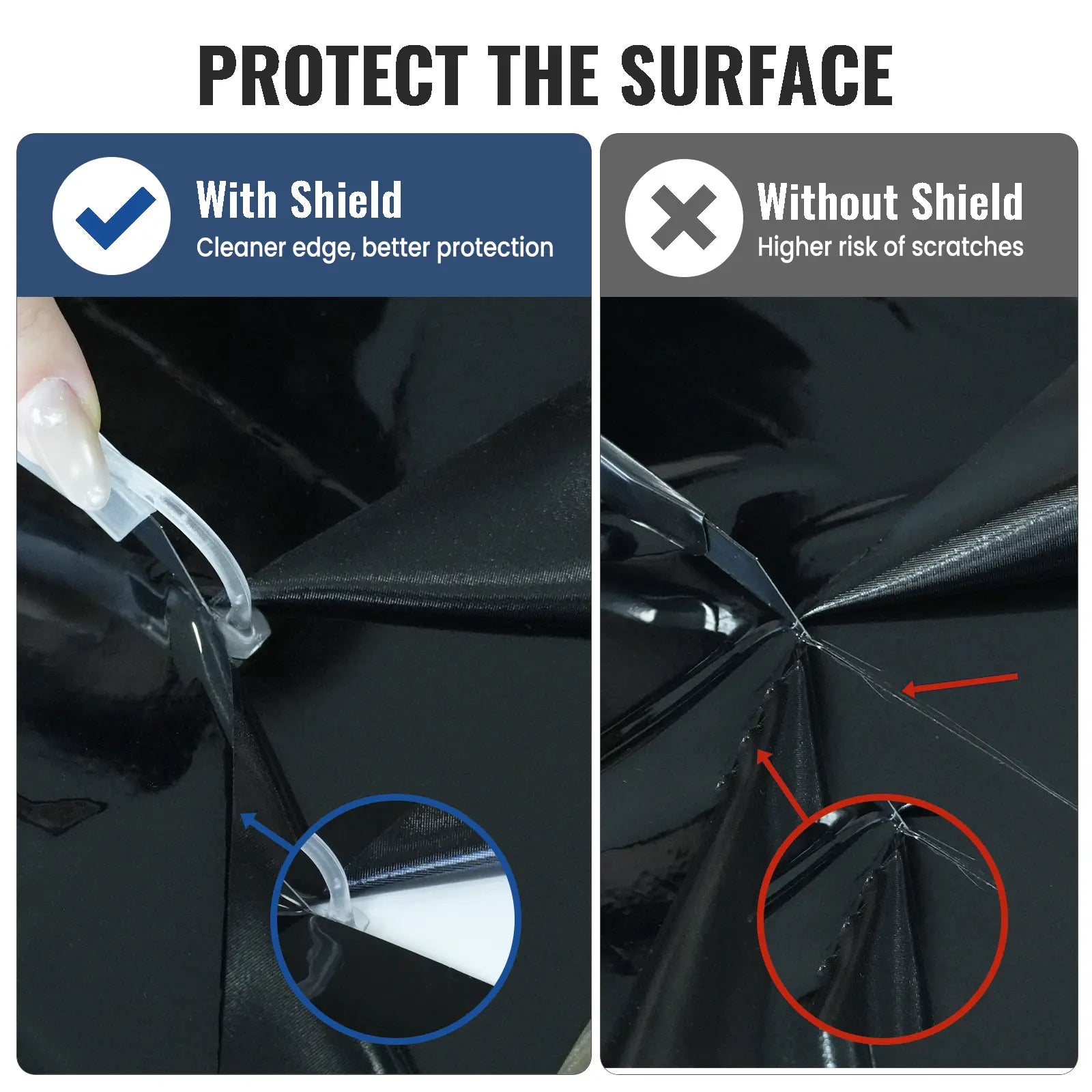 A comparison graphic titled 'PROTECT THE SURFACE' showing two side-by-side panels demonstrating the effect of a protective sleeve. The left panel, labeled 'With Shield,' shows a hand peeling back a clear protective sleeve from a black surface, with text stating 'Cleaner edge, better protection.
