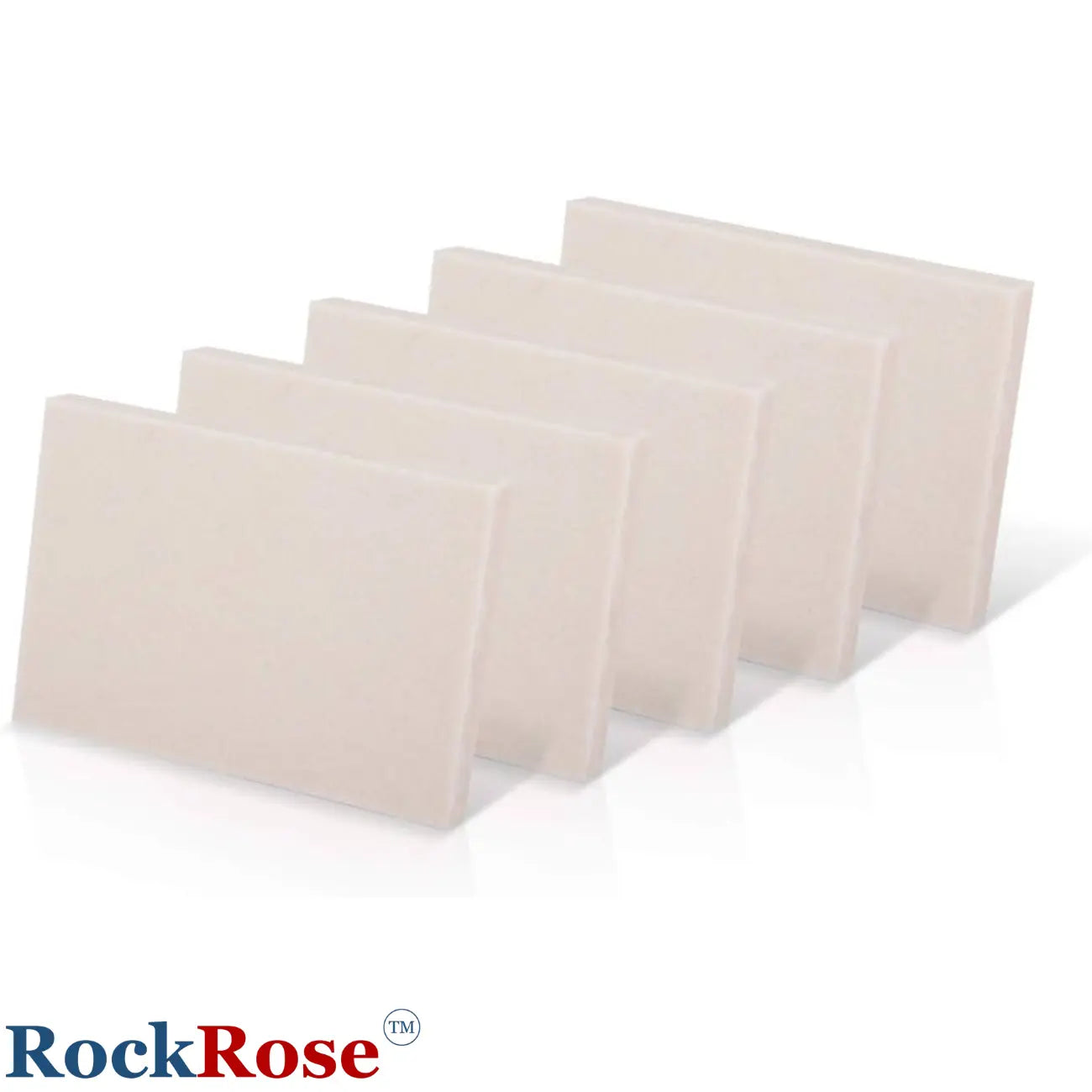 Five rectangular RockRose Wool squeegee arranged in a staggered row on a white background, with the RockRose brand logo in the bottom-left corner.