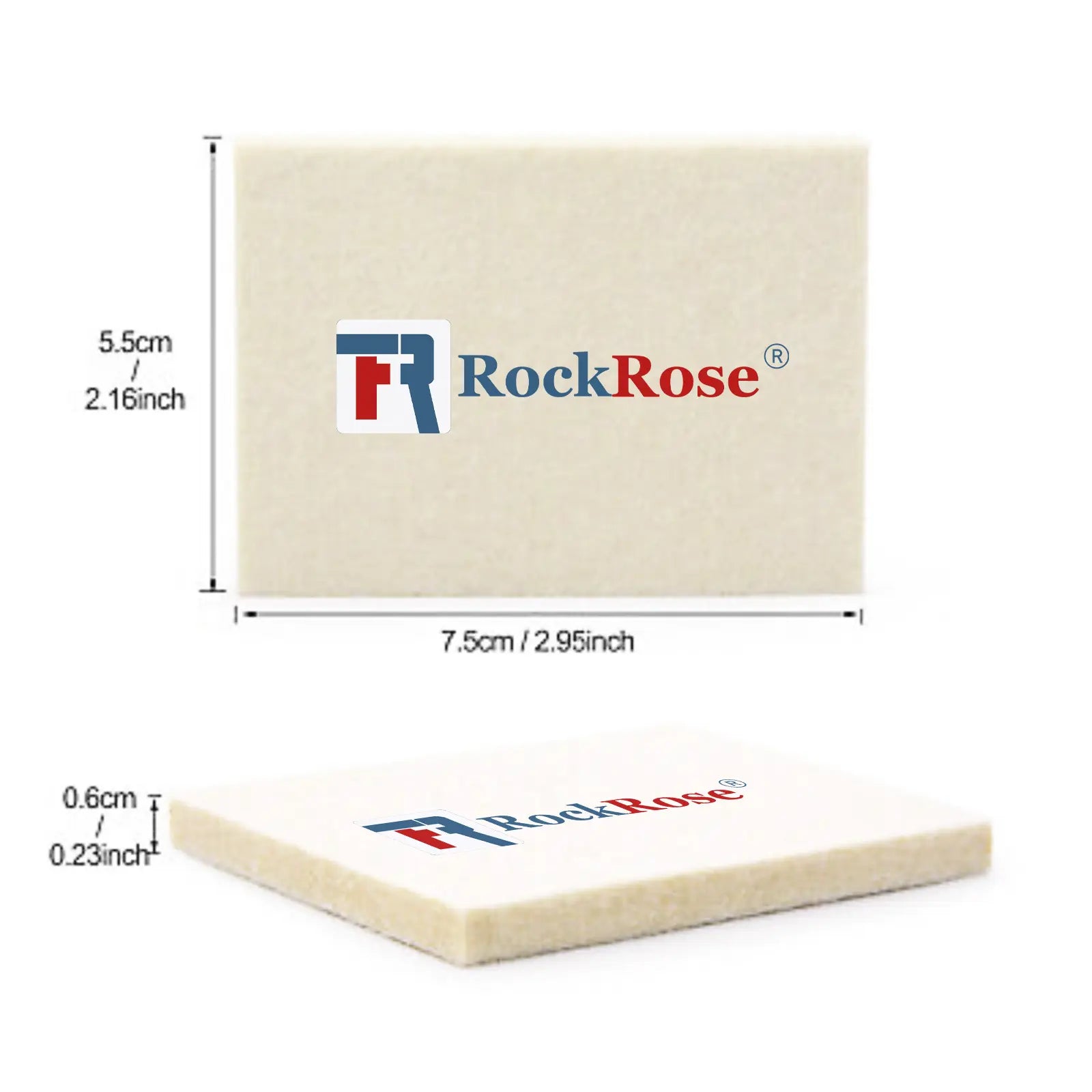 Two square RockRose wool squeegee shown on a white background, with dimension labels indicating 5.5 cm by 7.