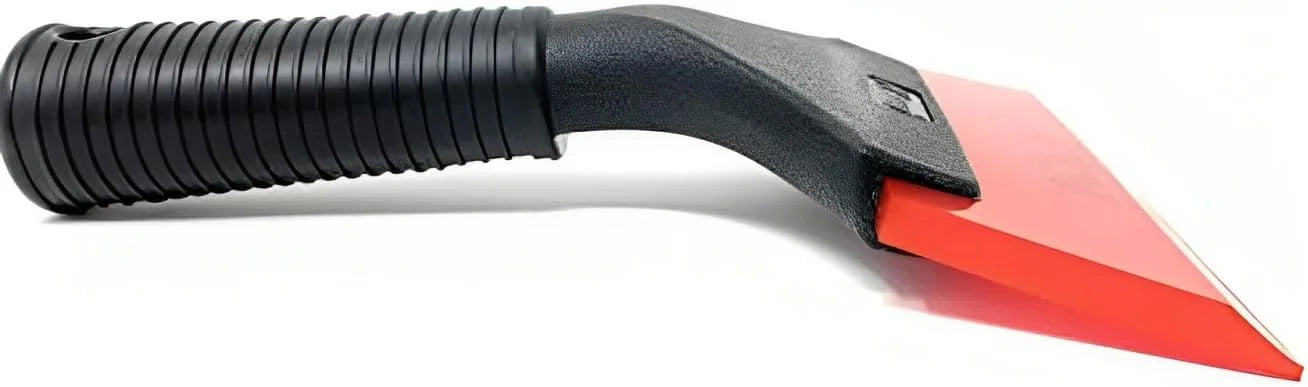 Red Car windshield scraper with black handle and red blade on a white background