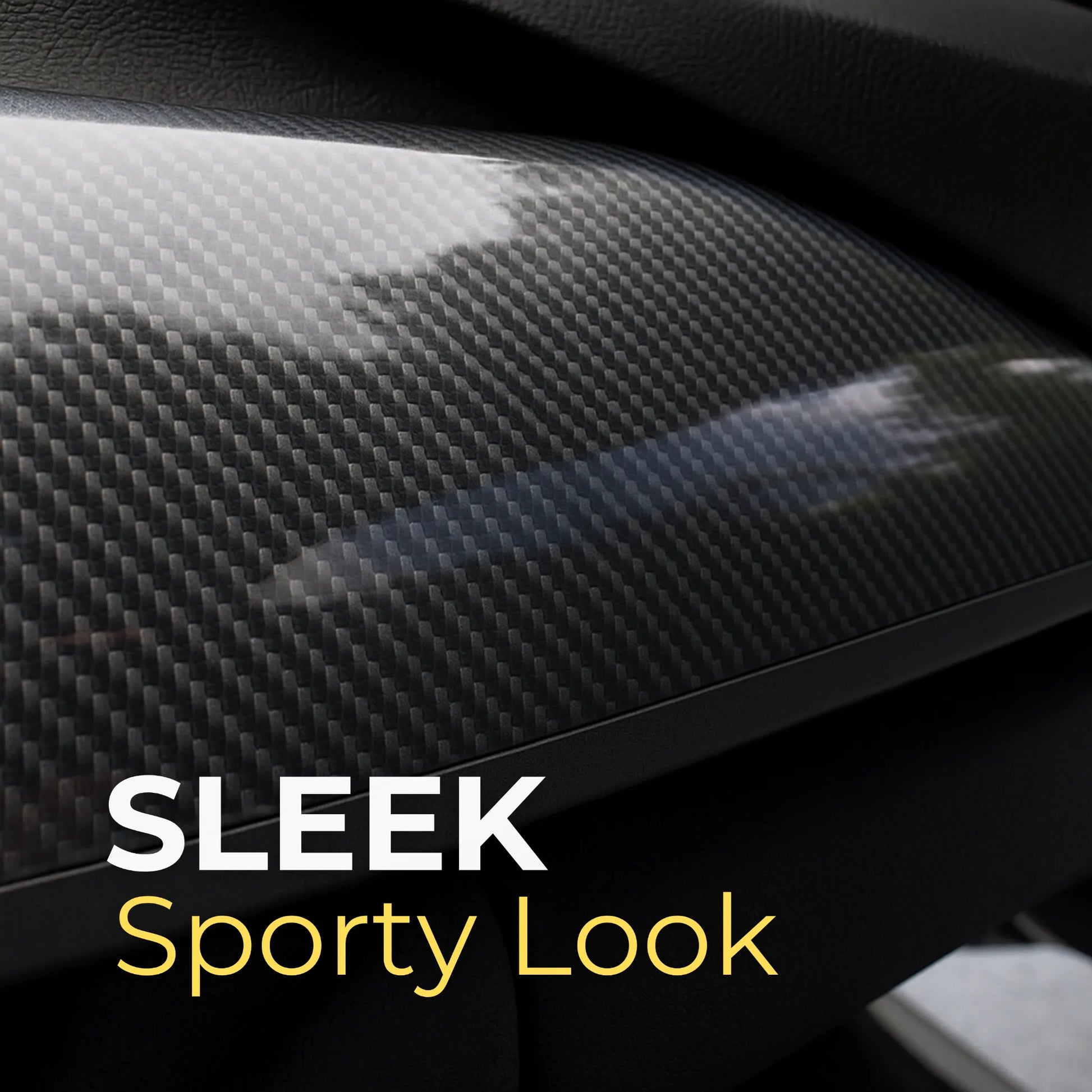 Close-up of a car interior dashboard featuring RockRose 7D carbon fiber wrap, highlighting its sleek and sporty appearance with a premium high-gloss finish.
