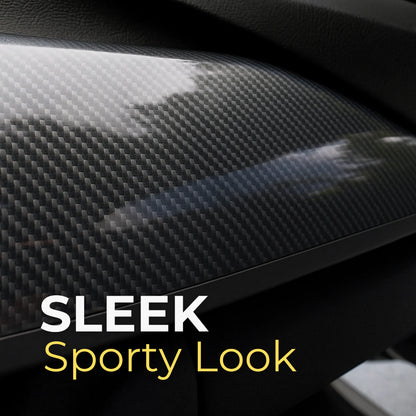 Close-up of a car interior dashboard featuring RockRose 7D carbon fiber wrap, highlighting its sleek and sporty appearance with a premium high-gloss finish.