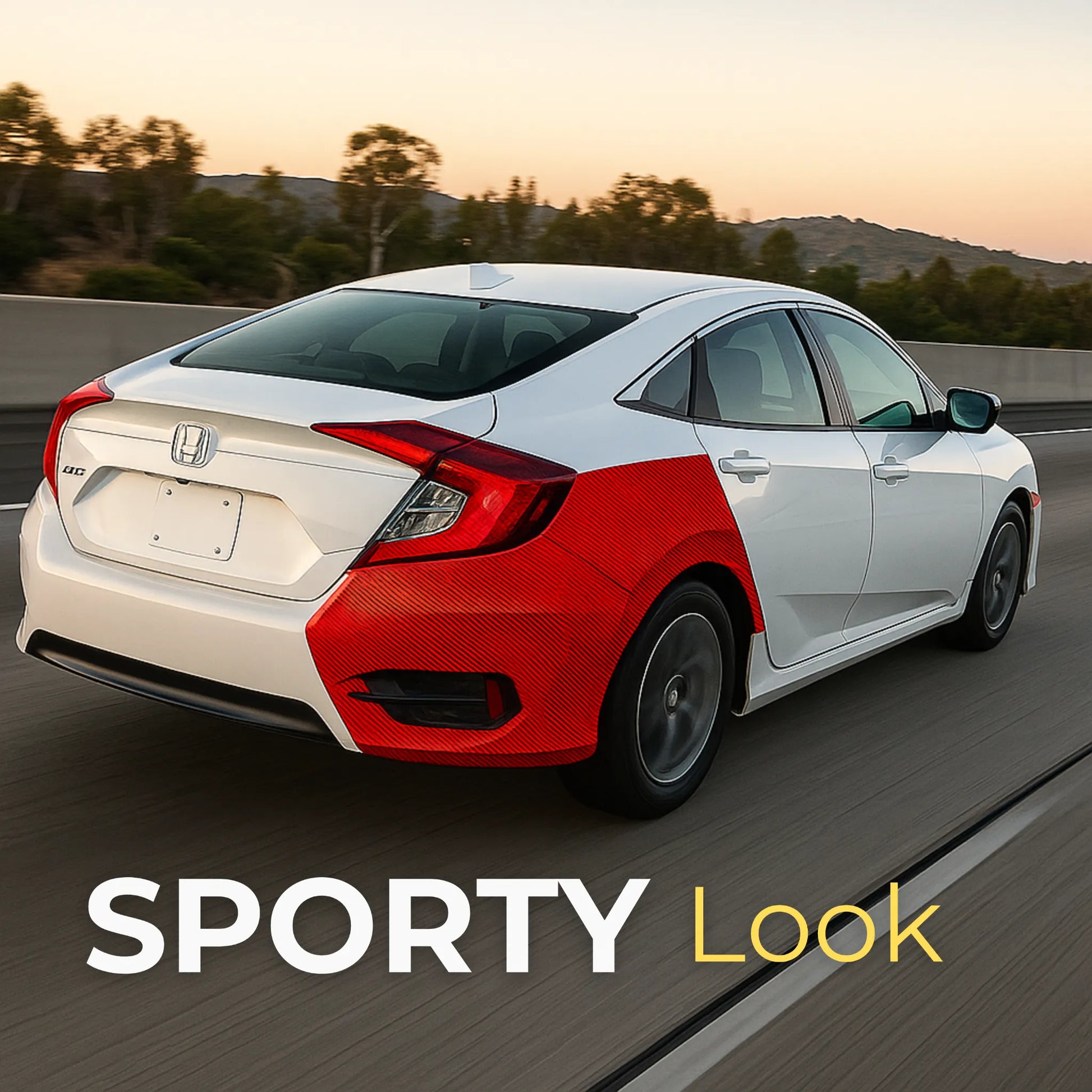 Rear-side view of a white sedan showcasing a red 7D carbon fiber wrap on the bumper and quarter panel, emphasizing a bold and sporty aesthetic.