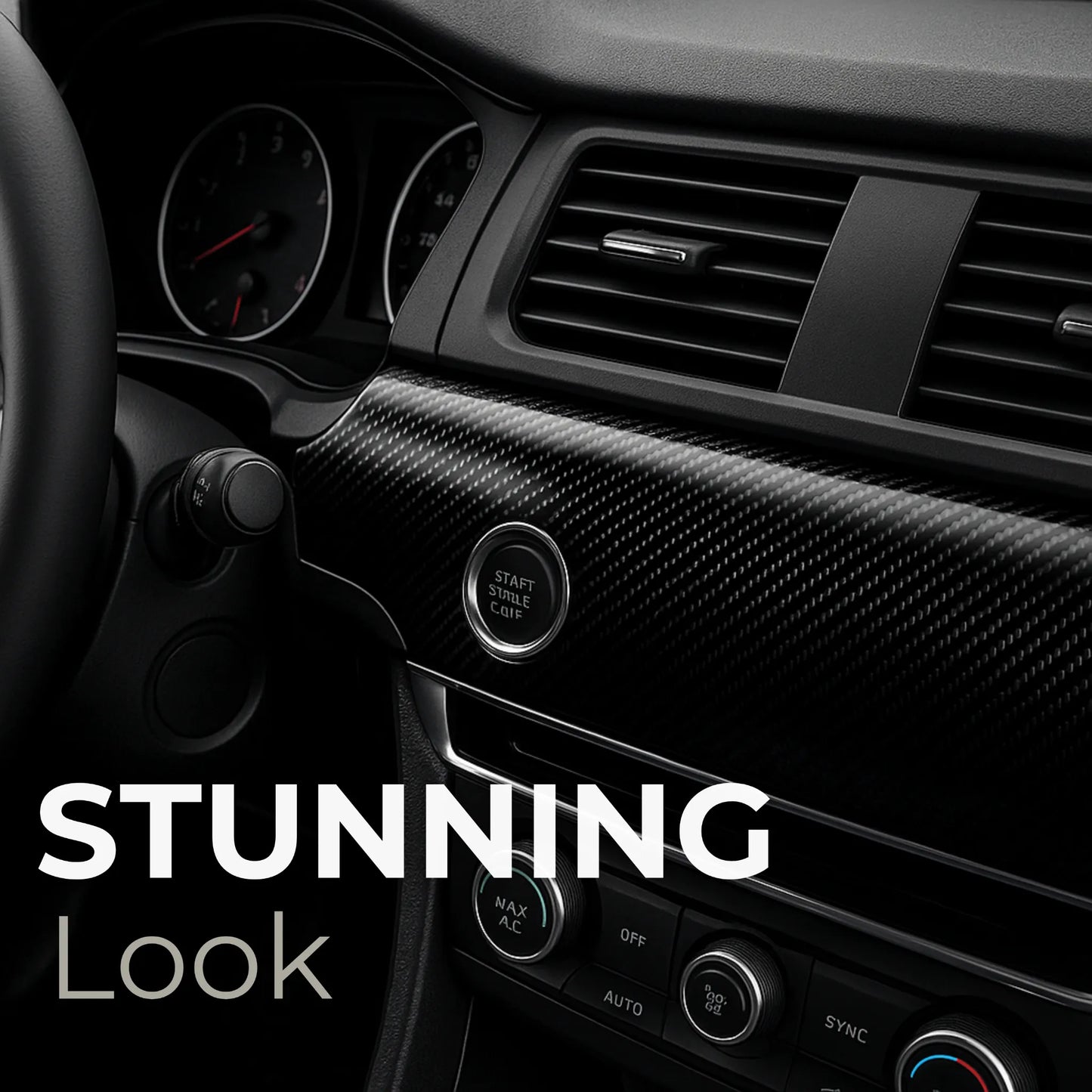 Interior view showcasing 7D carbon fiber wrap with a stunning high-gloss finish on the dashboard panel for a premium, sporty look.