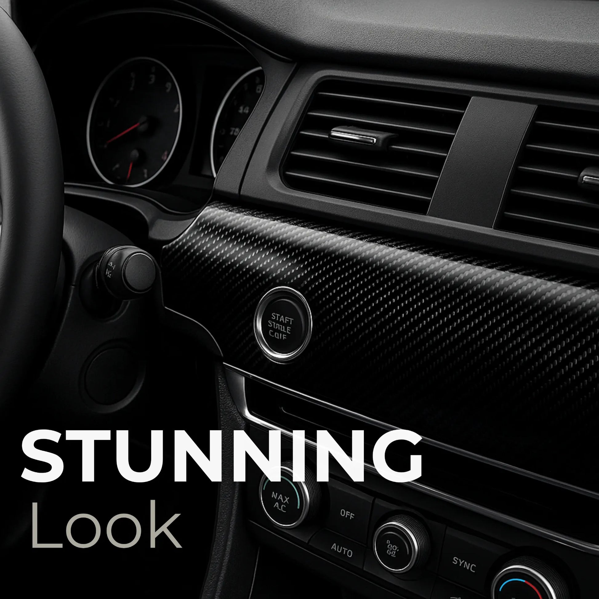 Interior view showcasing 7D carbon fiber wrap with a stunning high-gloss finish on the dashboard panel for a premium, sporty look.