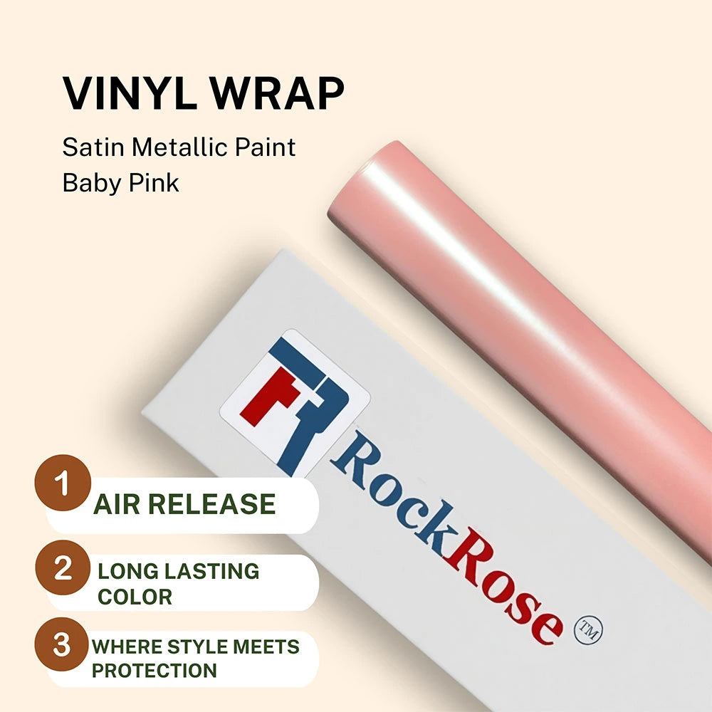 Roll of satin metallic paint in baby pink with RockRose branding and product features.