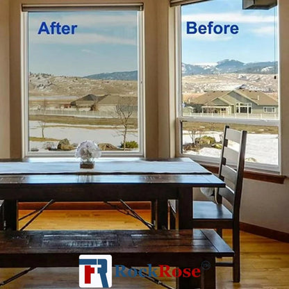 Before and after comparison of a window tint film on two windows in a home. The left 'After' window shows a dark tinted view of the outdoor landscape, while the right 'Before' window shows a bright, un tinted view.