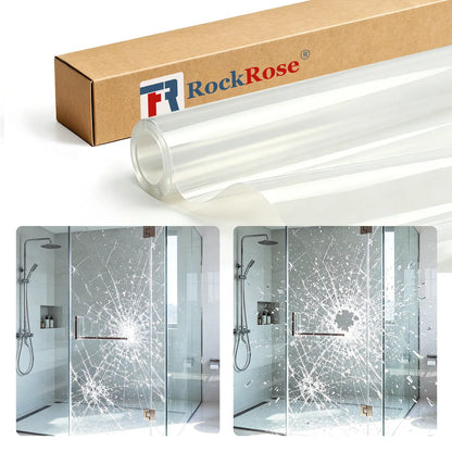 A roll of transparent shower glass film with its brown RockRose box, shown above two inset photos of glass shower doors with shattered-glass effect demonstrating the self-adhesive crack-resistant coating.