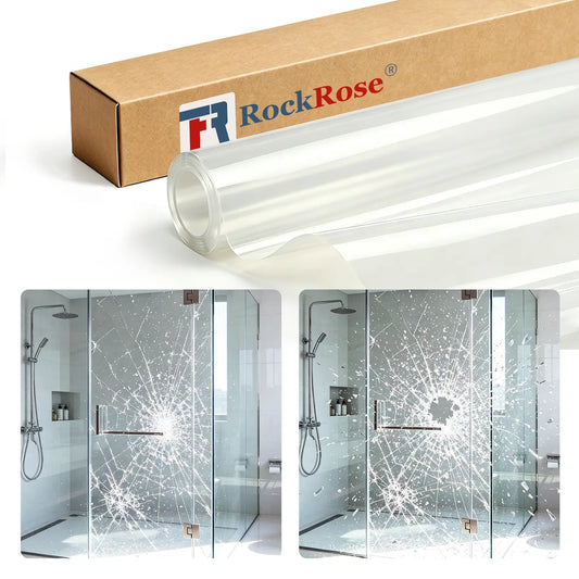 A roll of transparent shower glass film with its brown RockRose box, shown above two inset photos of glass shower doors with shattered-glass effect demonstrating the self-adhesive crack-resistant coating.