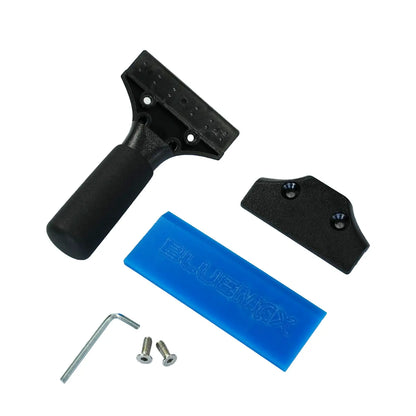 A window cleaning tool kit on a white background, including a black scraper with a black handle, a black mounting plate, a blue plastic squeegee cover embossed with 'BLUEMAX', and two silver screws with an Allen wrench.
