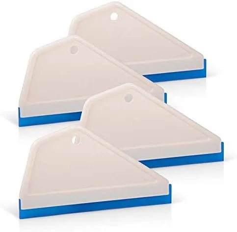 Set of three triangular squeegees with blue rubber edges on a white background