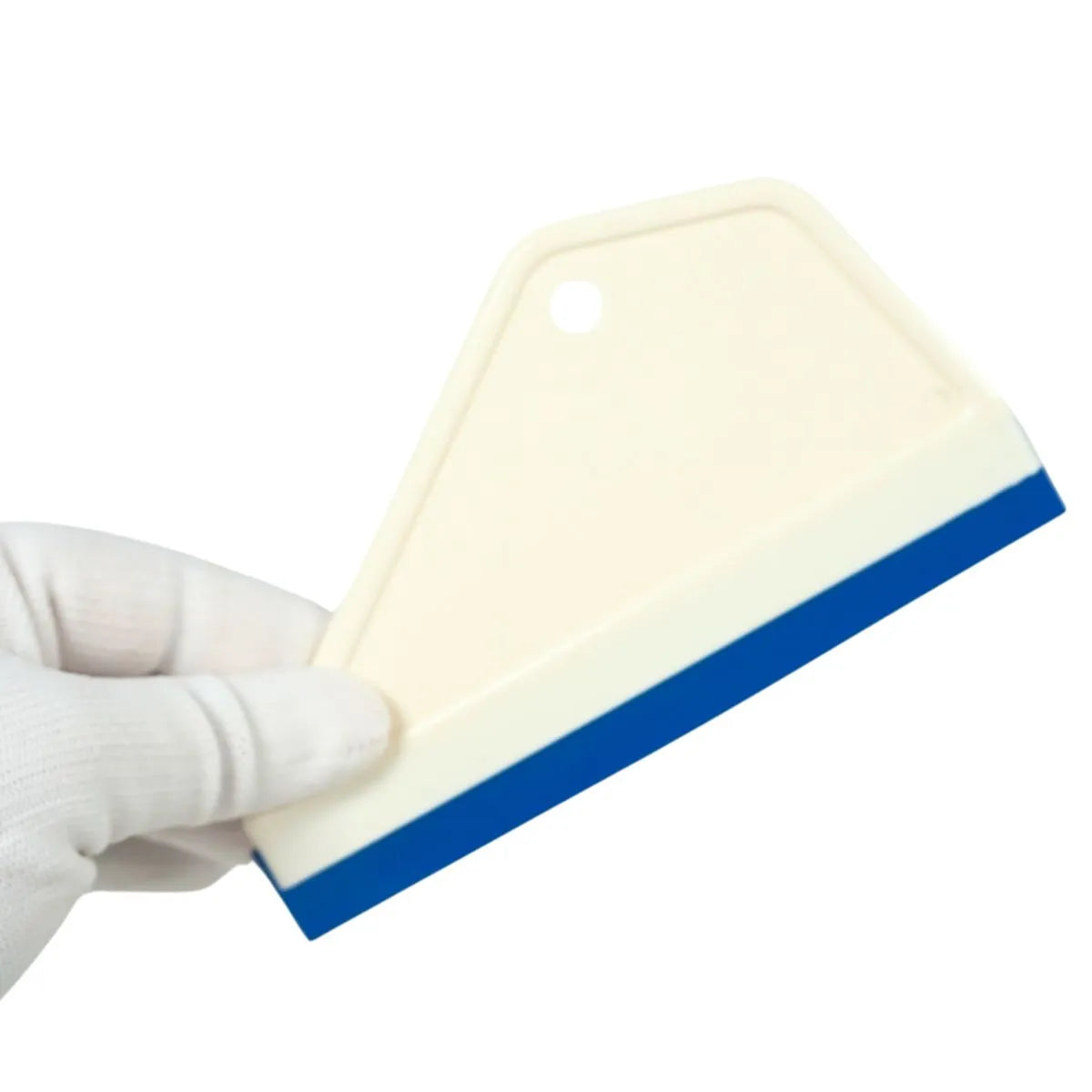 Glove-handled squeegee with blue rubber edge on a white background
