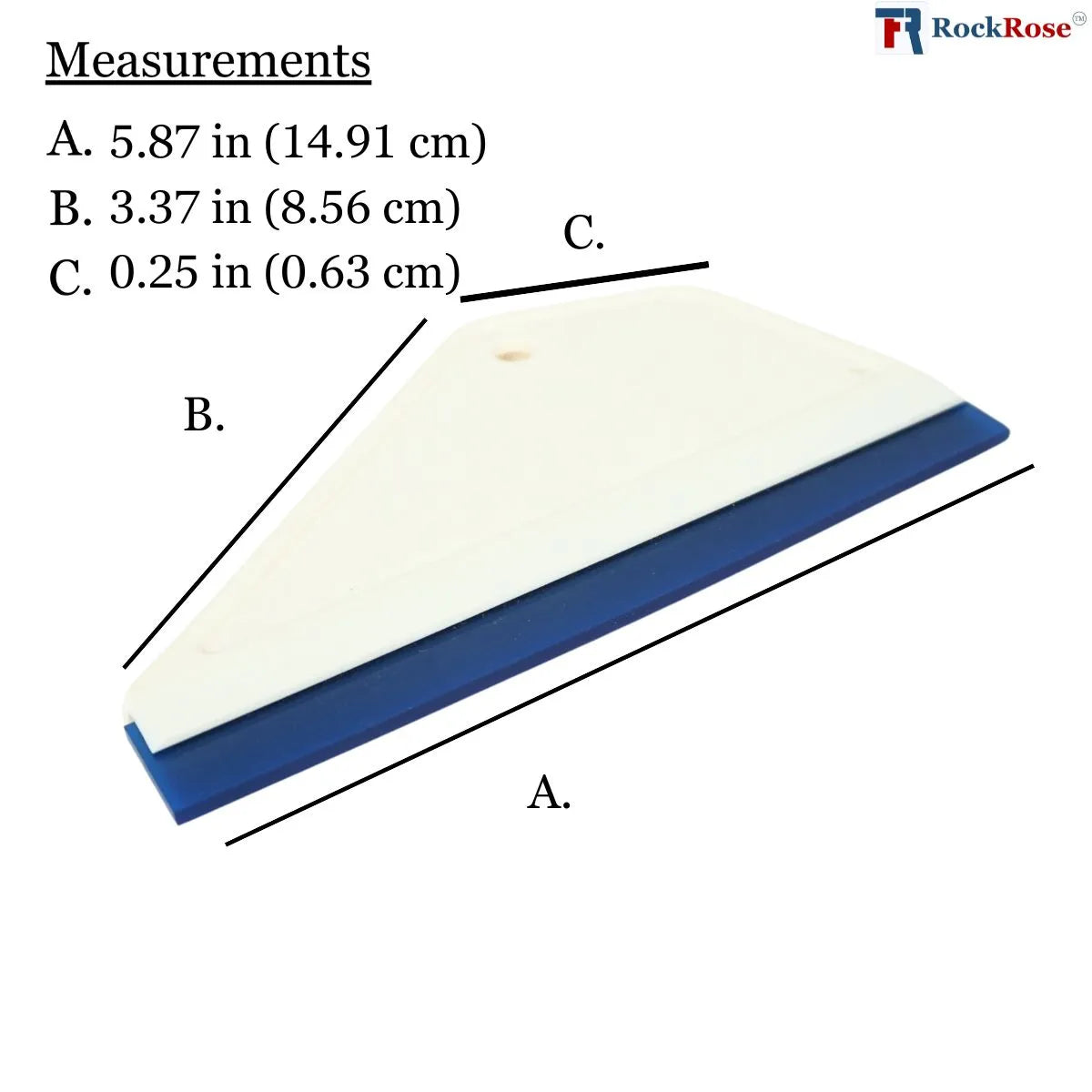 Measurement chart of a blue silicone squeegee with dimensions labeled, featuring RockRose logo