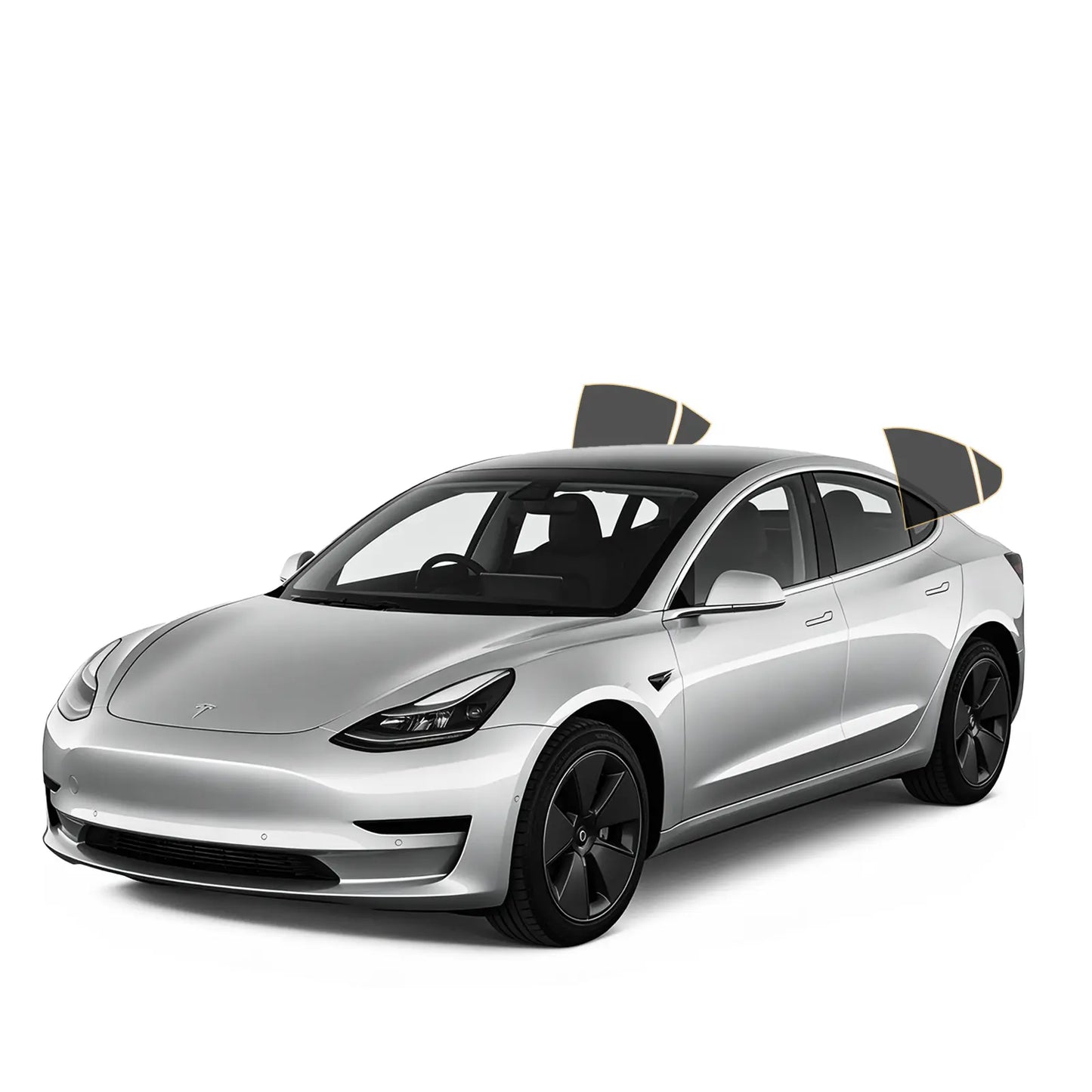 Silver Tesla car on a white background with precut tint on back doors