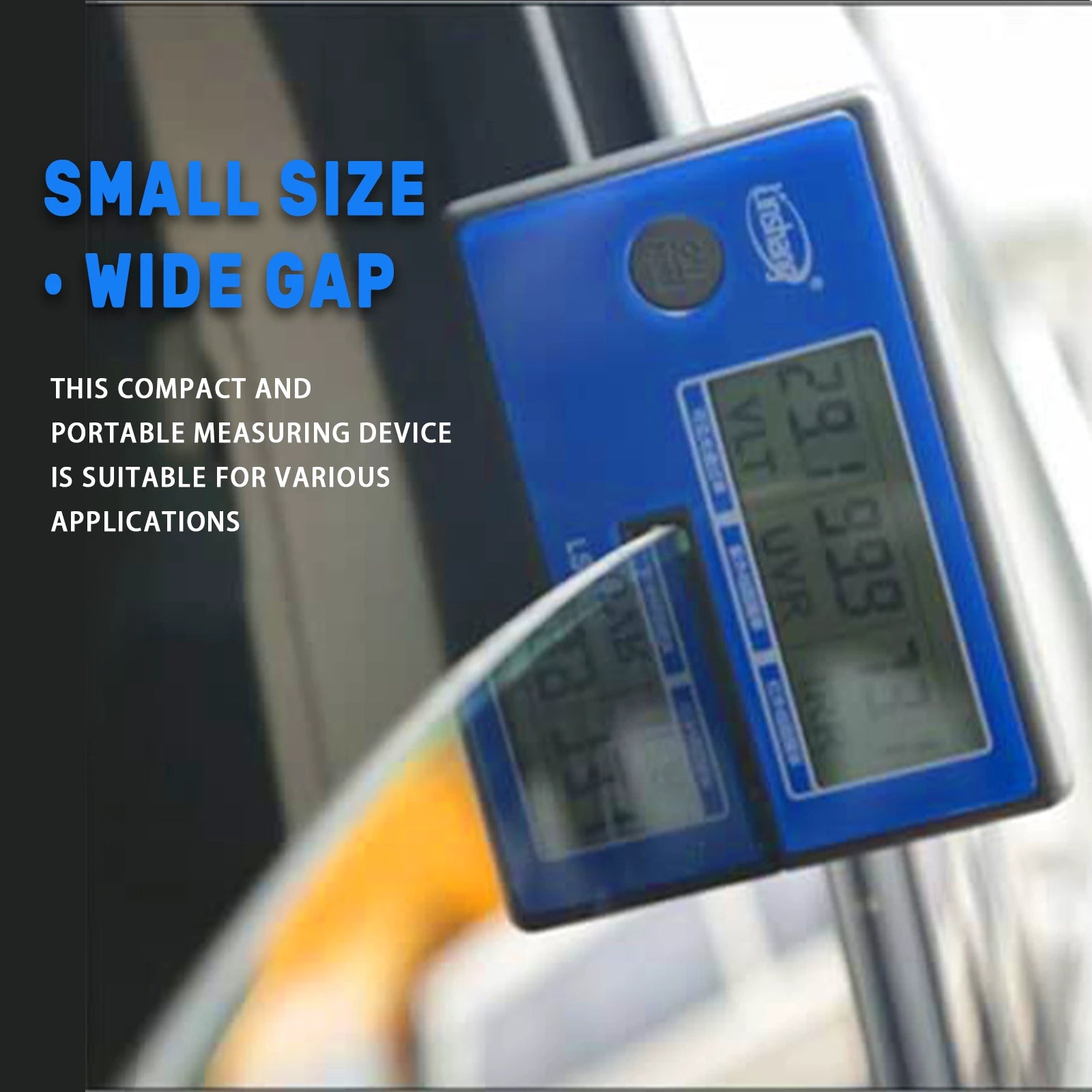 Compact digital  Window Tint & Solar Film Transmission Meter  with logo on a blurred background