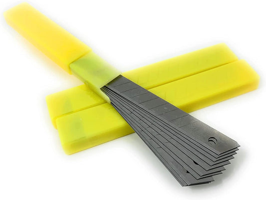 Set of yellow plastic tools with metal blades on a white background