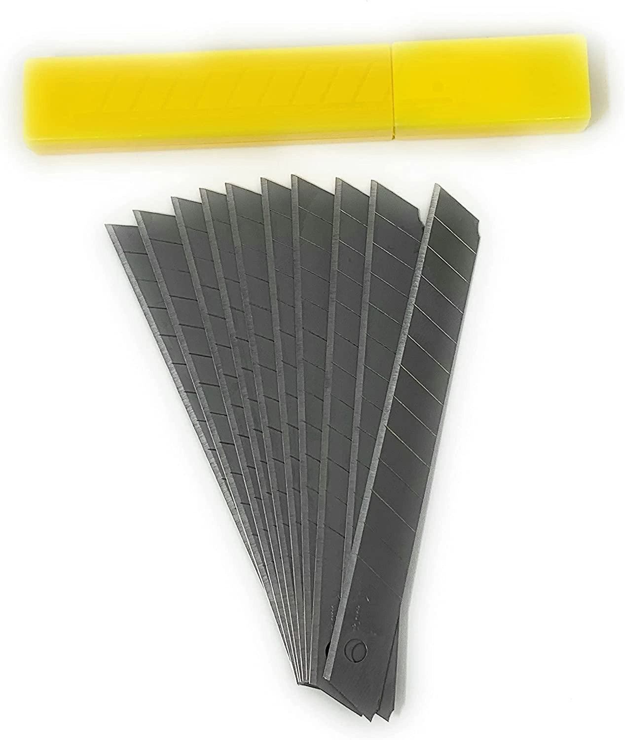 Set of utility knife blades with a yellow handle on a white background