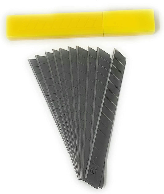 Set of utility knife blades with a yellow handle on a white background