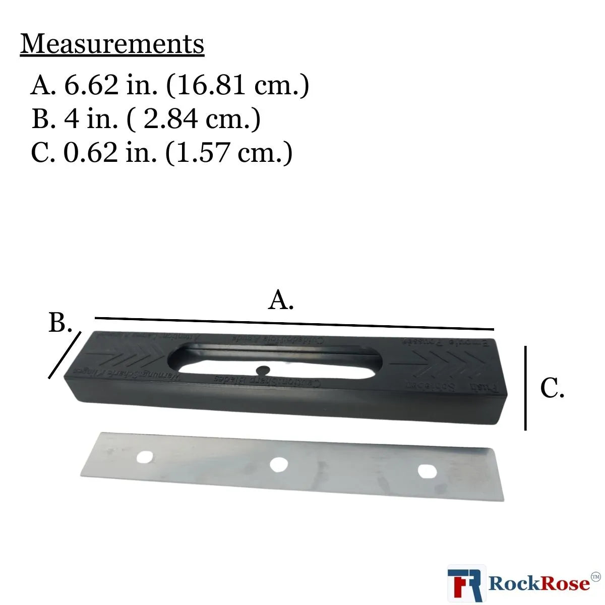 Measurement chart with knife blade parts and their dimensions, featuring RockRose logo.