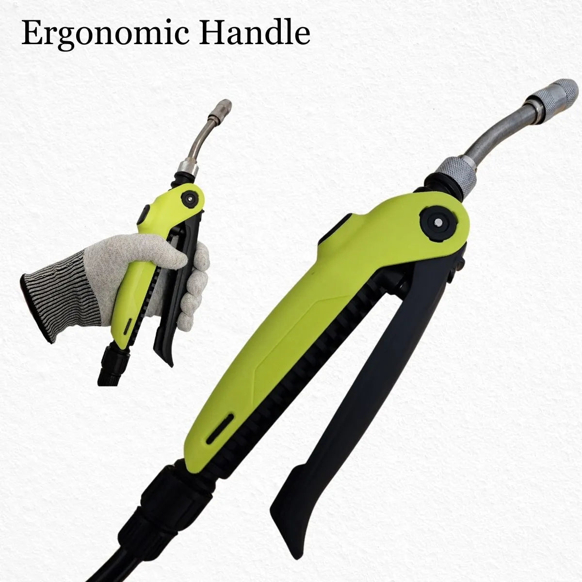 Green and black pressurized nozzle with ergonomic handle on a white background