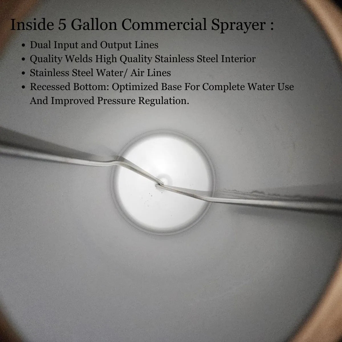 Close-up of a 5-gallon commercial sprayer with text detailing features.