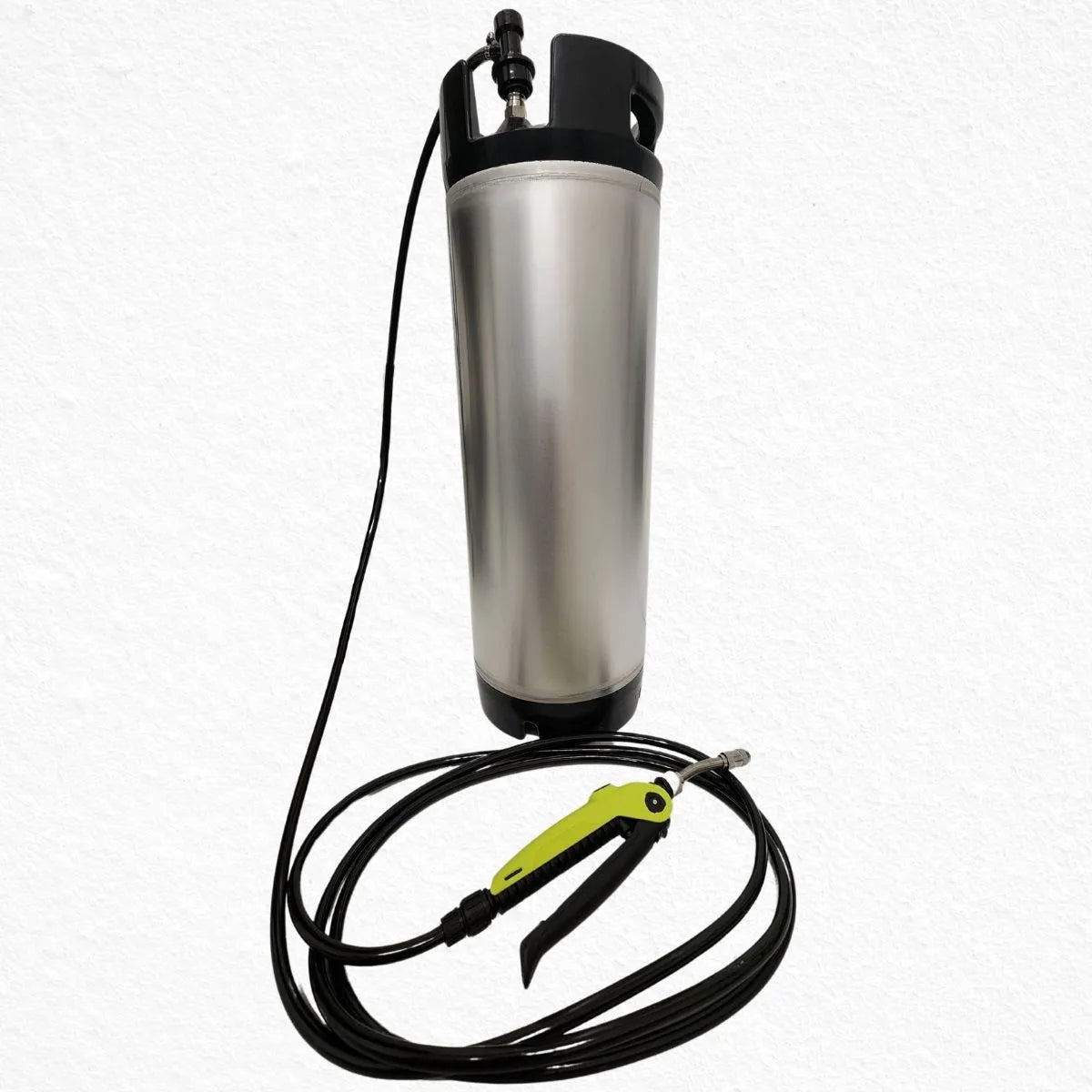 Metal pressure washer with hose and nozzle on a white background