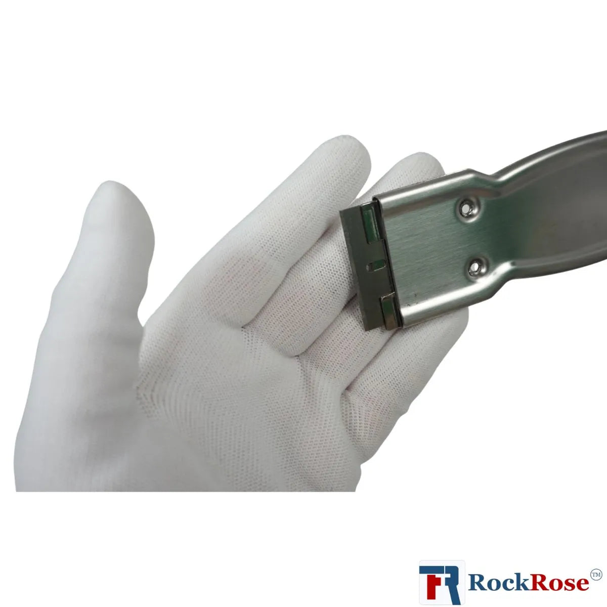 Hand wearing a white glove holding Steel Razor Scraper with 'RockRose' branding.