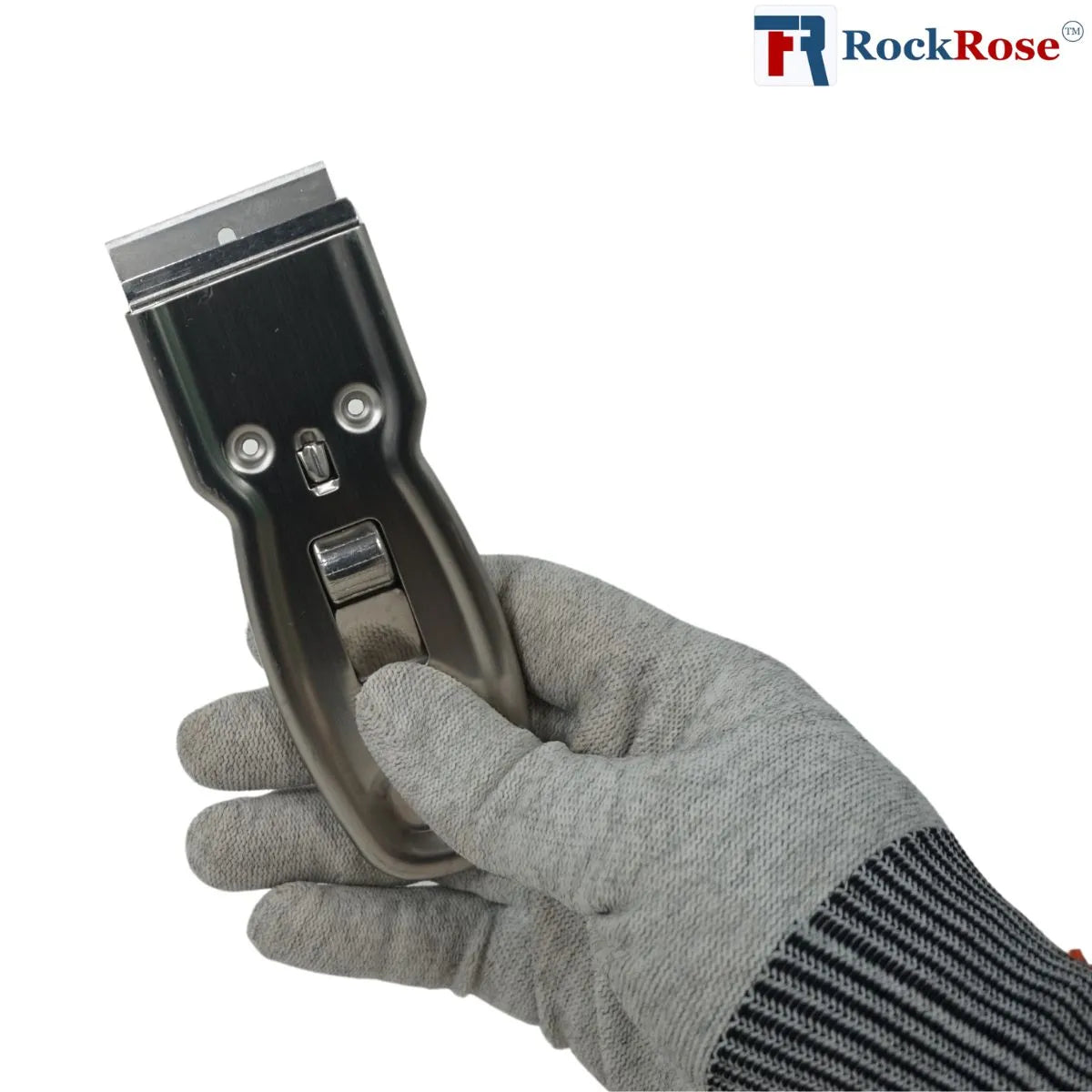 Steel Razor Scraper held in a gray glove with RockRose logo in the corner