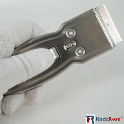 Steel Razor Scraper tool held by a gloved hand on a light gray background, with 'RockRose' branding.
