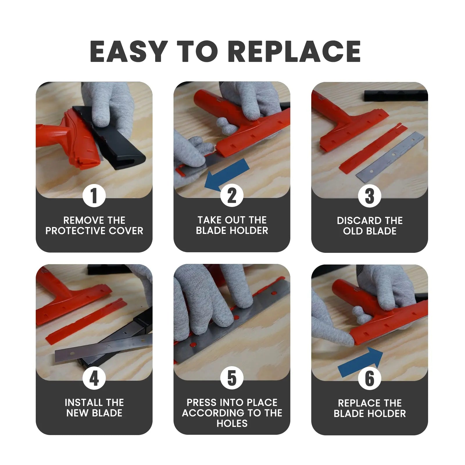 Step-by-step guide on how to replace a blade on a tool with images and text instructions.