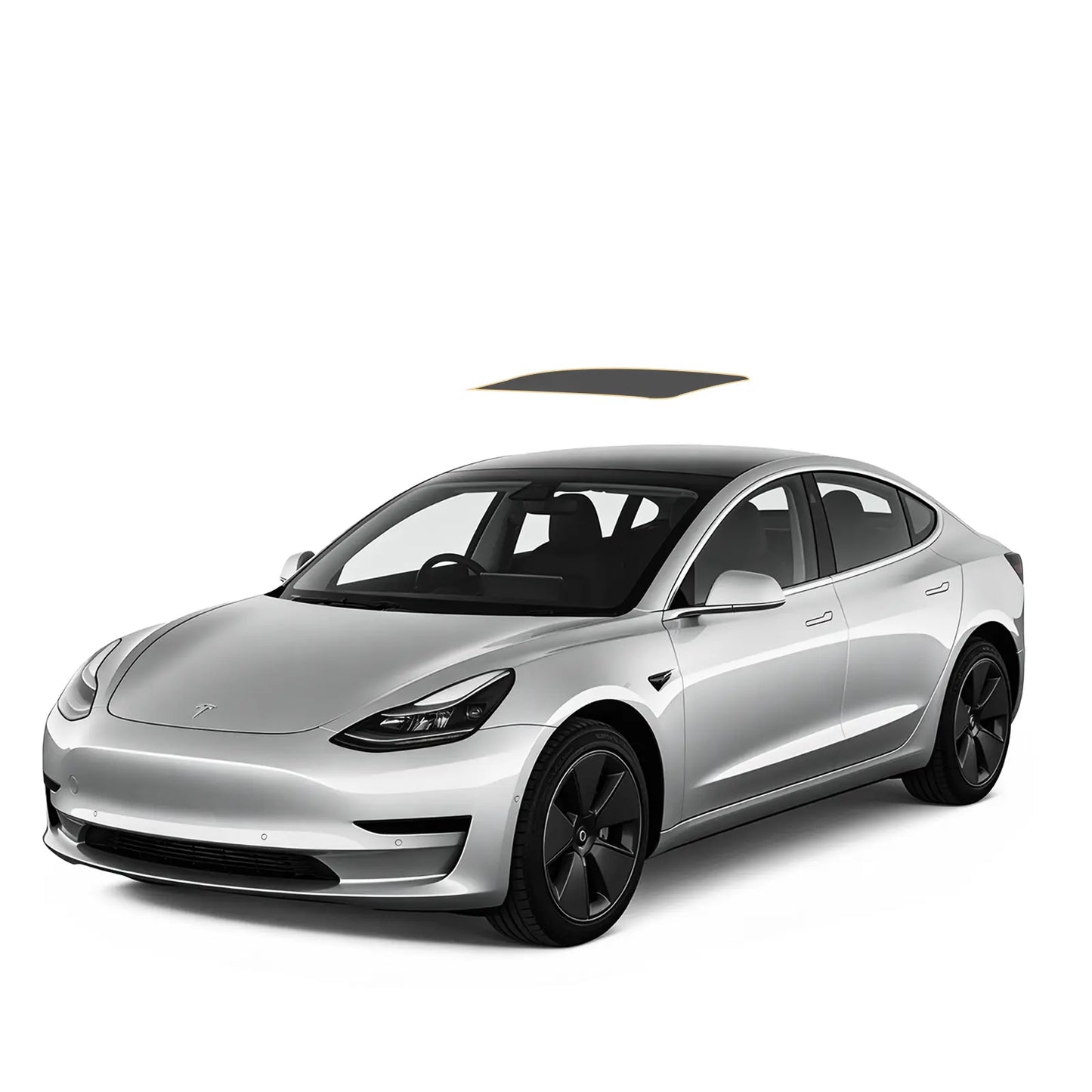 Silver tesla car with a black roof on a showing precut tint for sunroof