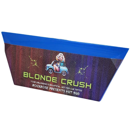 A rectangular blue and dark purple novelty gift box with a cartoon blonde woman in a light blue car and the text 'BLONDE CRUSH' on the front, shown on a plain white background.