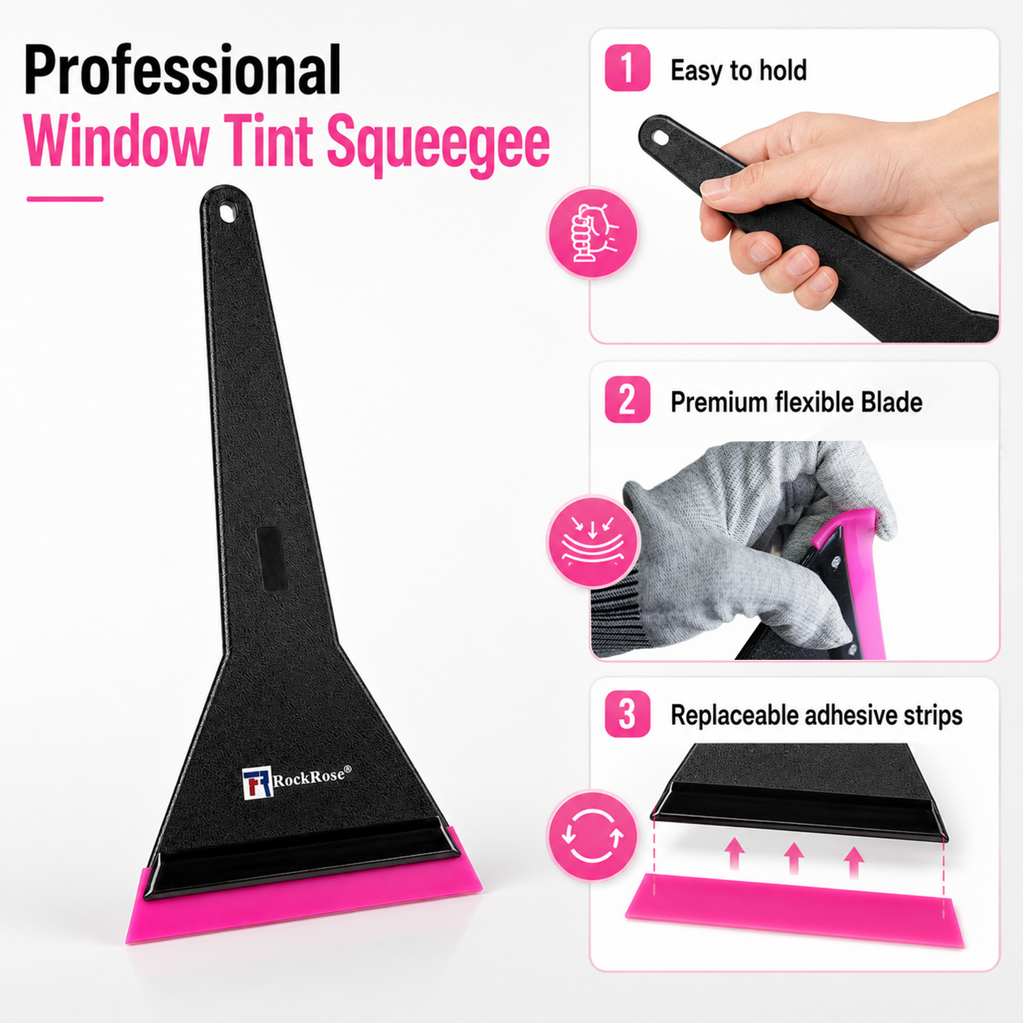 RockRose Long Handle Window Tint Squeegee – Professional Car Tint Tool for Automotive Glass Film, PPF, Vinyl Wrap & Bubble Removal