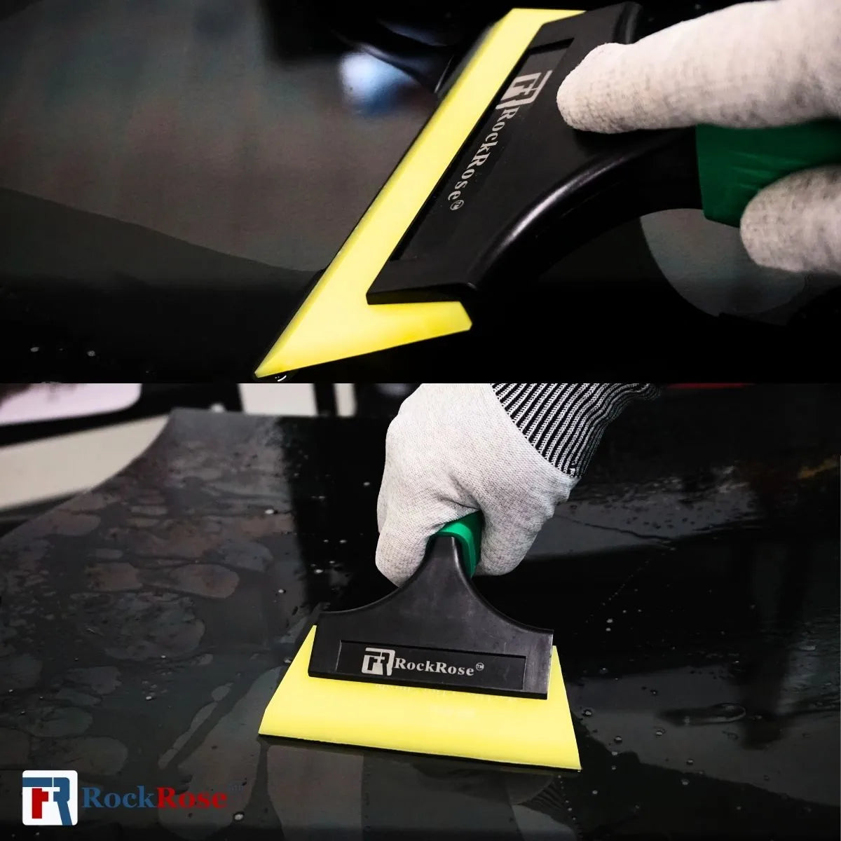 How to use a green squeegee with a gloves a yellow tint scrapper with rockrose logo 