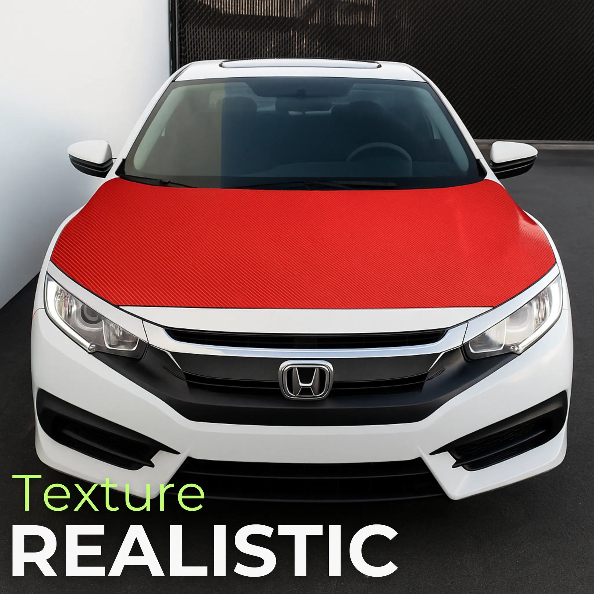 Front view of a white car featuring a red 7D carbon fiber vinyl wrap on the hood, highlighting the realistic texture and premium visual appeal of the material.