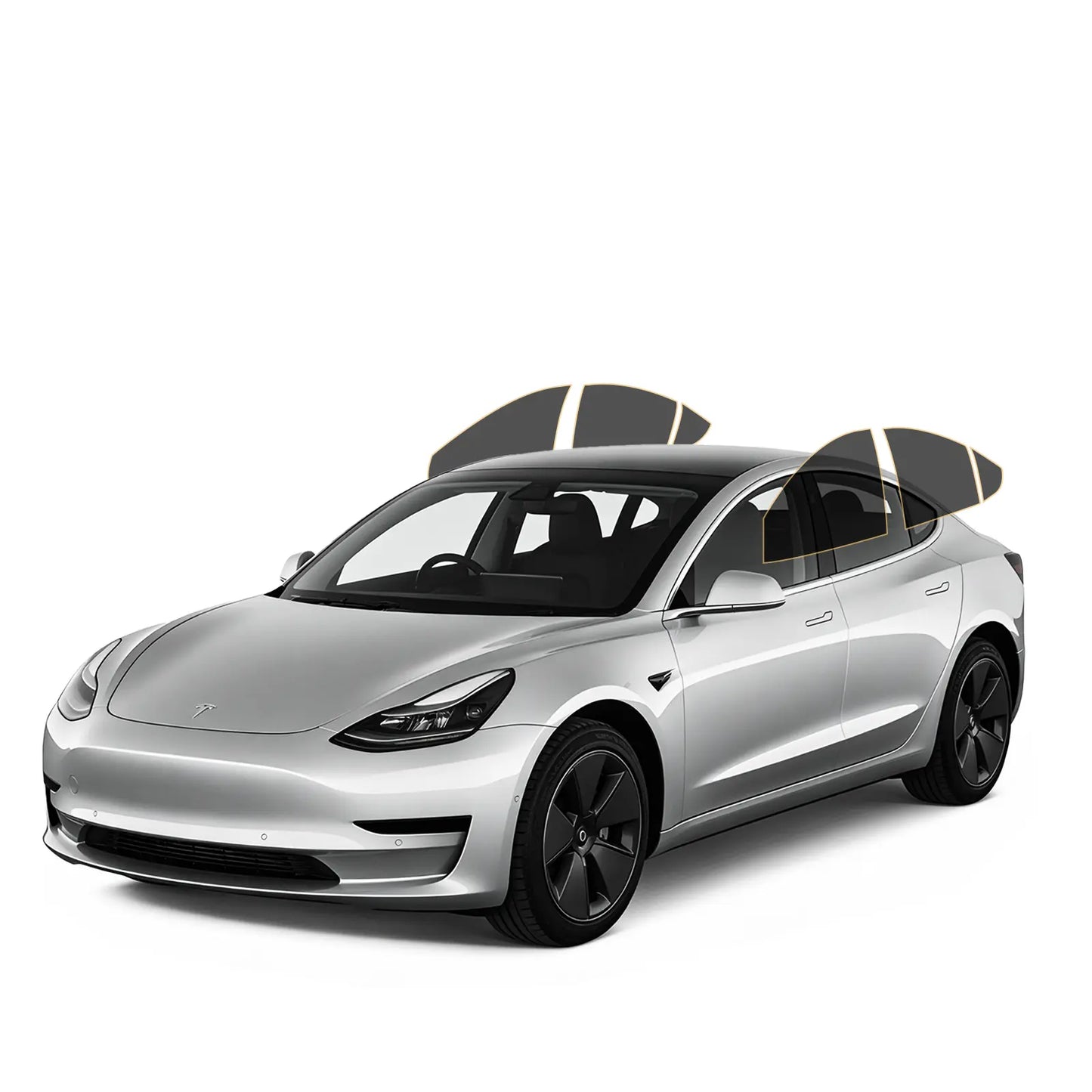Silver Tesla car on a white background with precut tint windows on sides