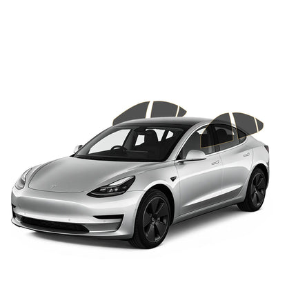 Silver Tesla car on a white background with precut tint windows on sides