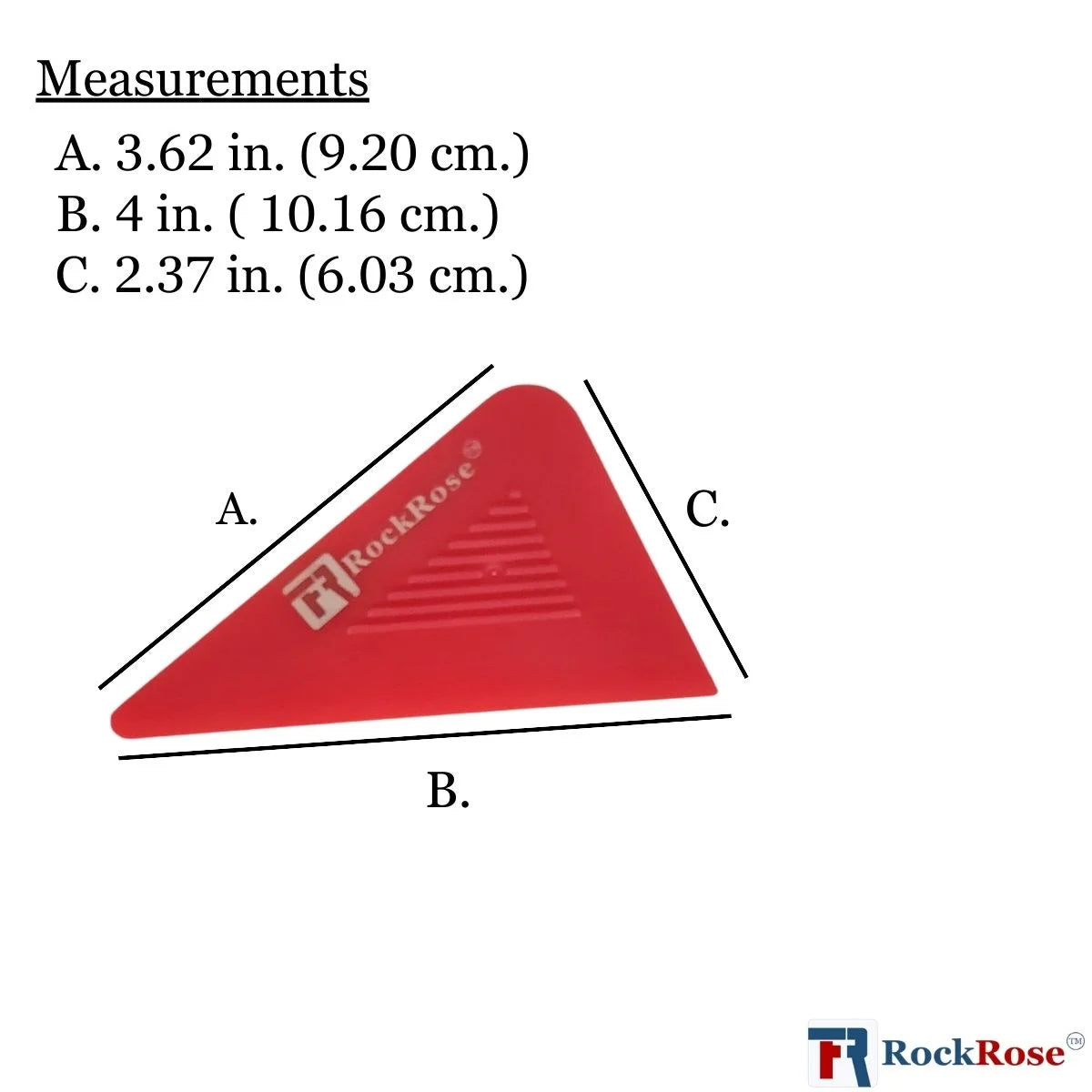 Tri-Edge Red Corner Card  with measurements and RockRose branding on a white background
