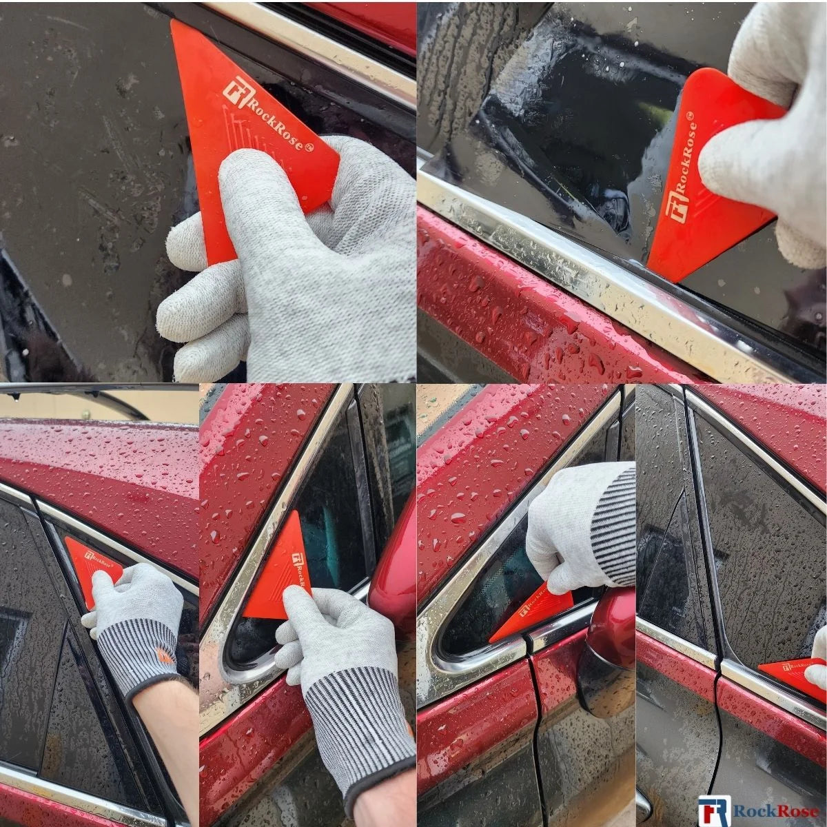 Collage of a person using a Tri-Edge Red Corner Card window cleaning tool on a red car.