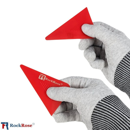 2 Red triangular tool held by a gloved hand with RockRose branding on a white background