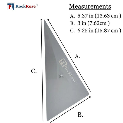 Measurement chart of a triangular tool with RockRose branding, showing dimensions in inches and centimeters.